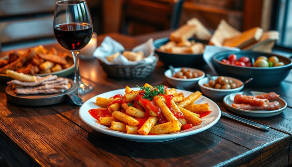 Patatas Bravas con vino y tapas