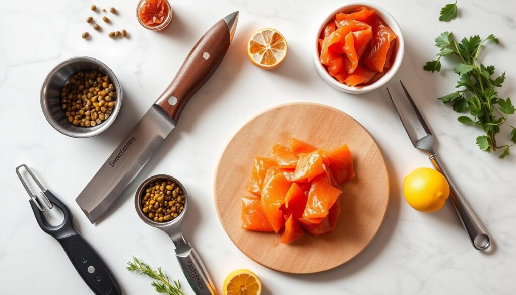 Utensilios para preparar tartar de salmón ahumado